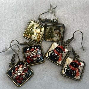 Festive Snowman and Cat Earrings Set